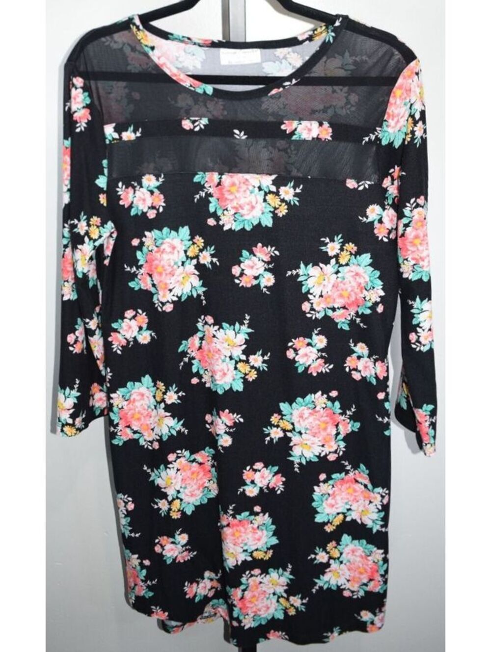 Bobbie Brooks Floral Mesh Yoke Long Sleeve Shift Dress, Black Multi, Size XL